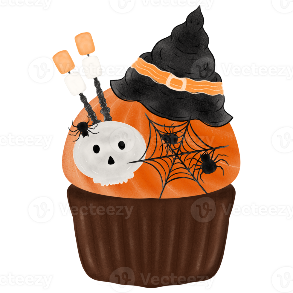 Hand drawn halloween cupcake with skull, hat, spider, web andmarshmallow png