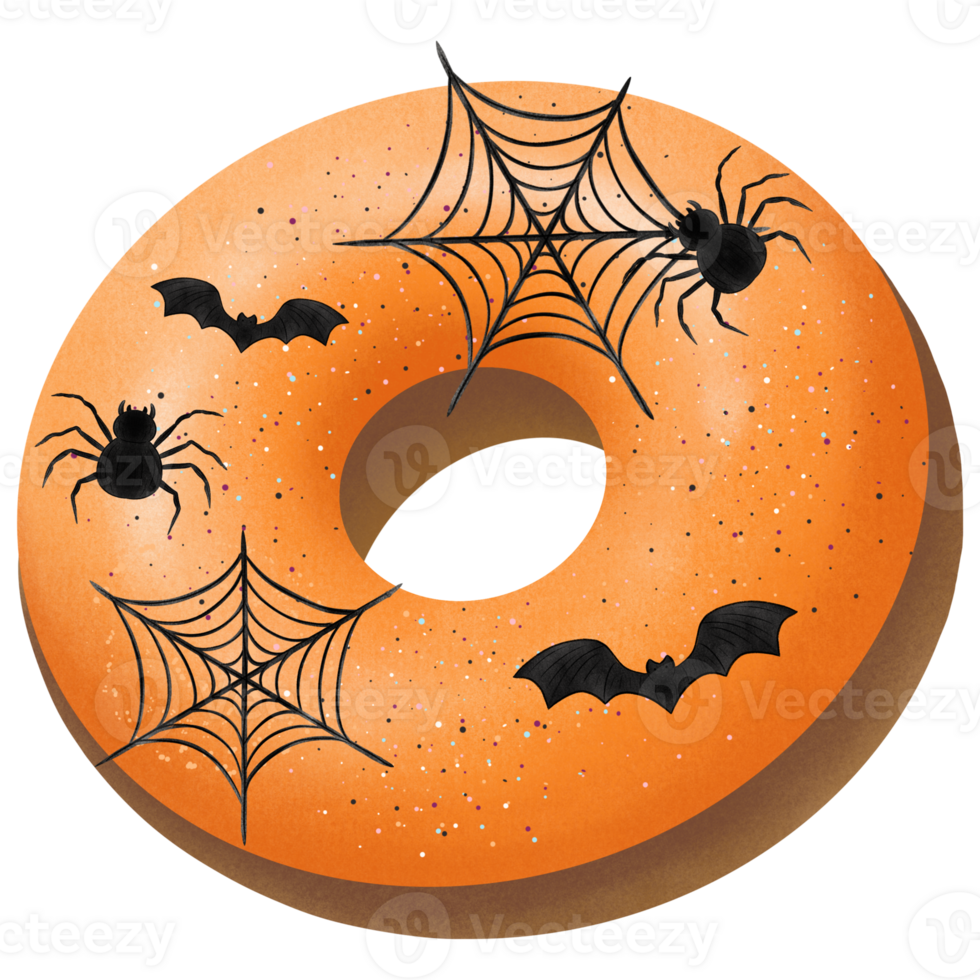 Halloween donut hand drawn with spider, web and bat png