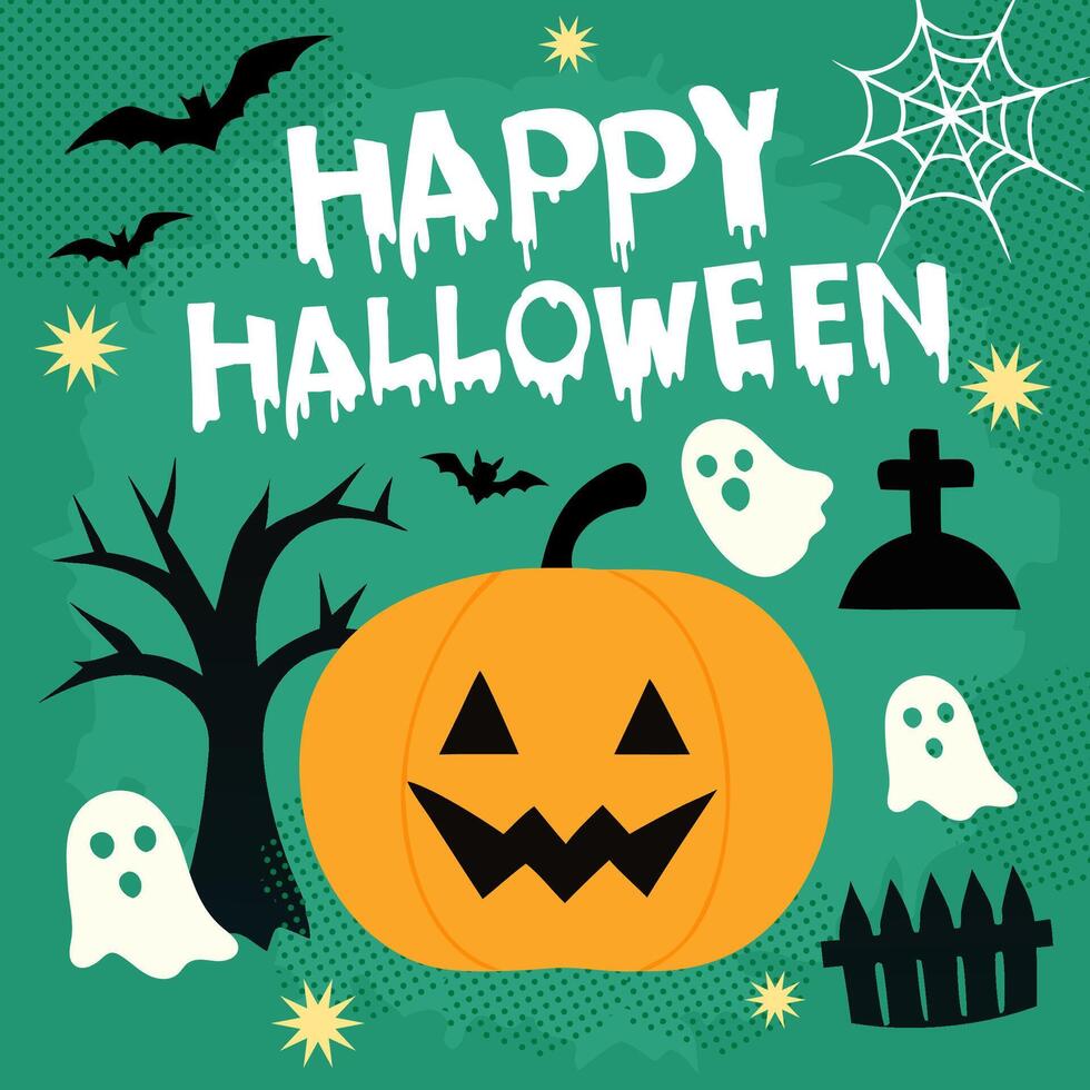 Halloween elements RETRO social media card in flat design vector