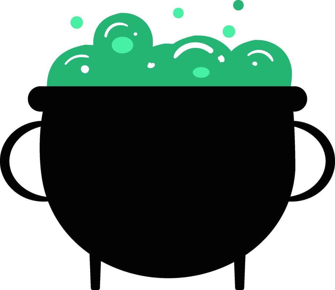 Cauldron with green magic boiling charmful bubble potion or fairy witching toxic poison soup Halloween flat design vector