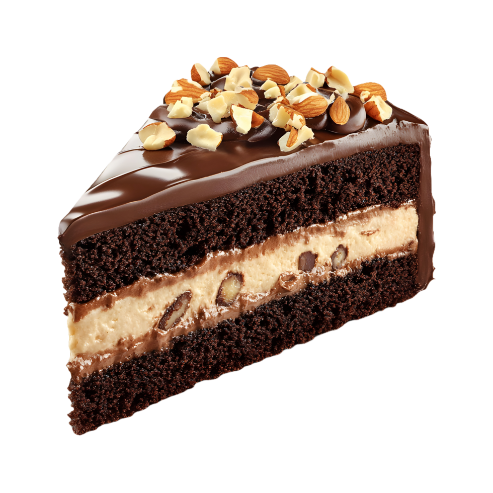 Ultra-Realistic Slice of Chocolate Cake with Cream and Nuts Isolated on Transparent Background for Bakery Banners, Posts, Covers, and Gourmet Promotions png