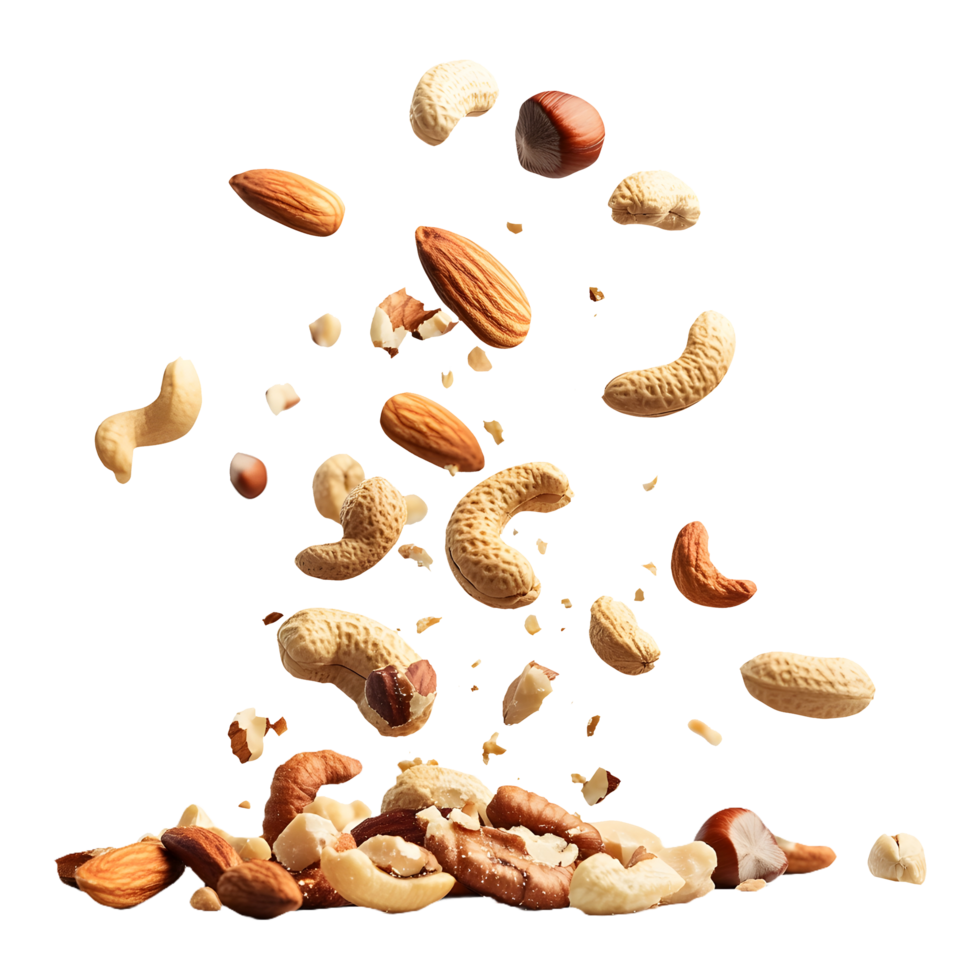 Organic Crunch Various Nuts Falling Isolated for Vegan Health Covers and Posts png
