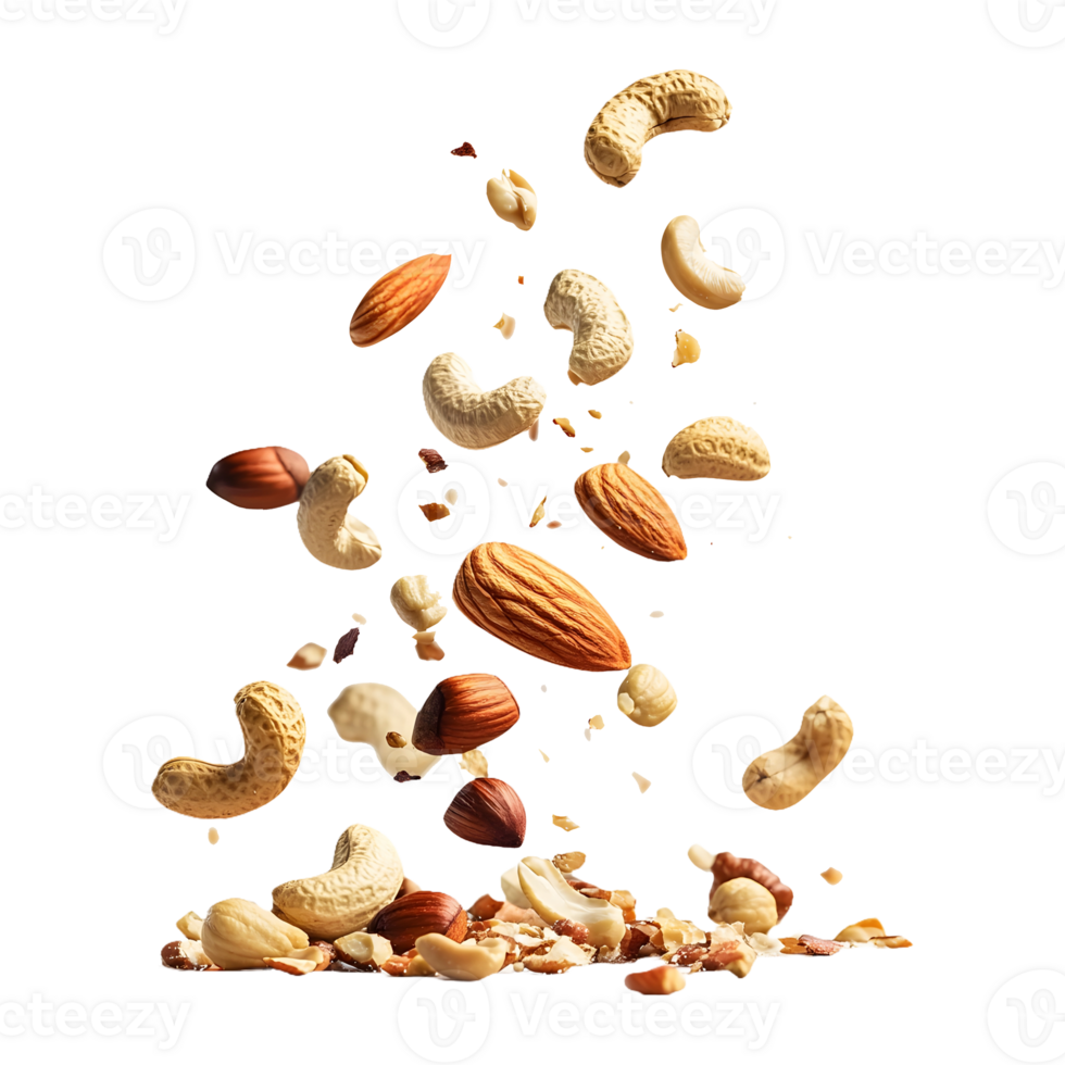Nature Energy Mixed Nuts and Raisins Falling on a Transparent Background for Healthy Eating Ads png