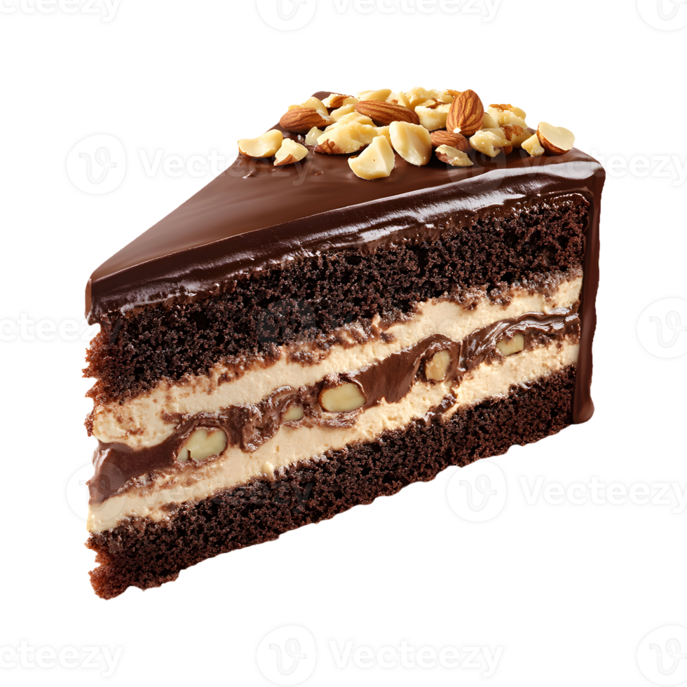 Chocolate Cake Slice with Cream and Nuts Ultra-Realistic Design on Transparent Background for Bakery, Gourmet, and Tasty Dessert Banners and Posts png