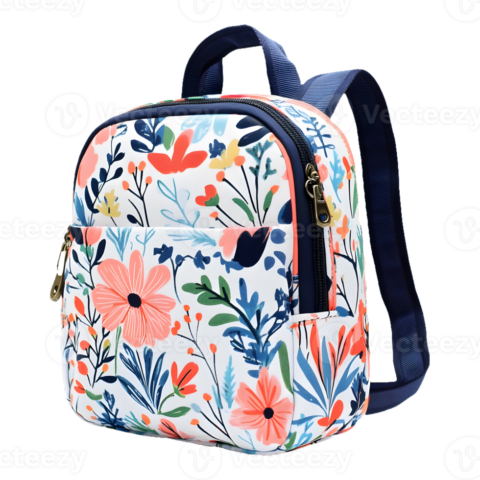 a backpack with flowers on it and a black strap.isolated on a transparent background png