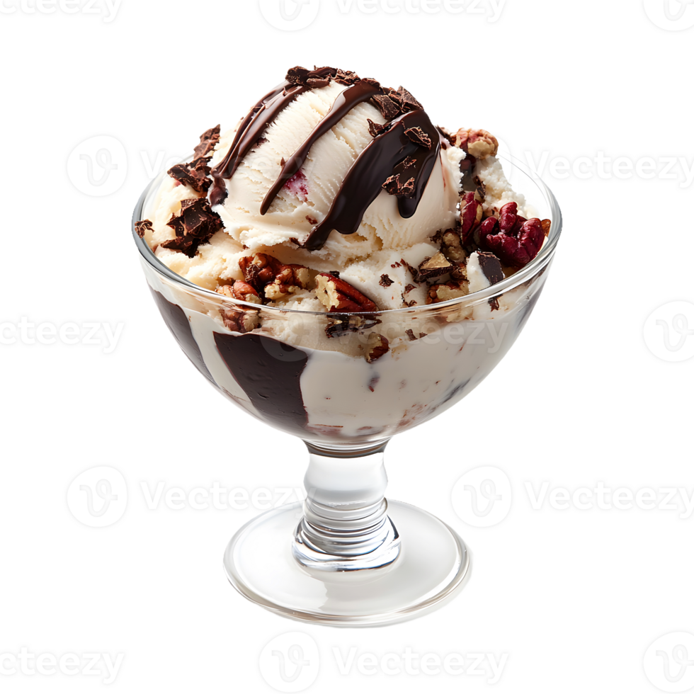 Scoop Up the Fun A Glass Bowl with Ice Cream, Nuts, and Chocolate Isolated on a Transparent Background for Your Product Cover png