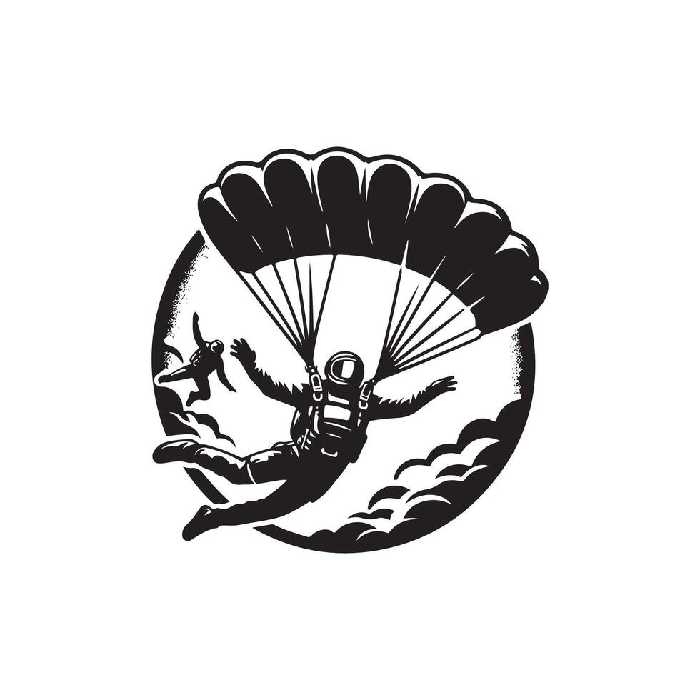 A black and white logo of a skydiver with a parachute vector