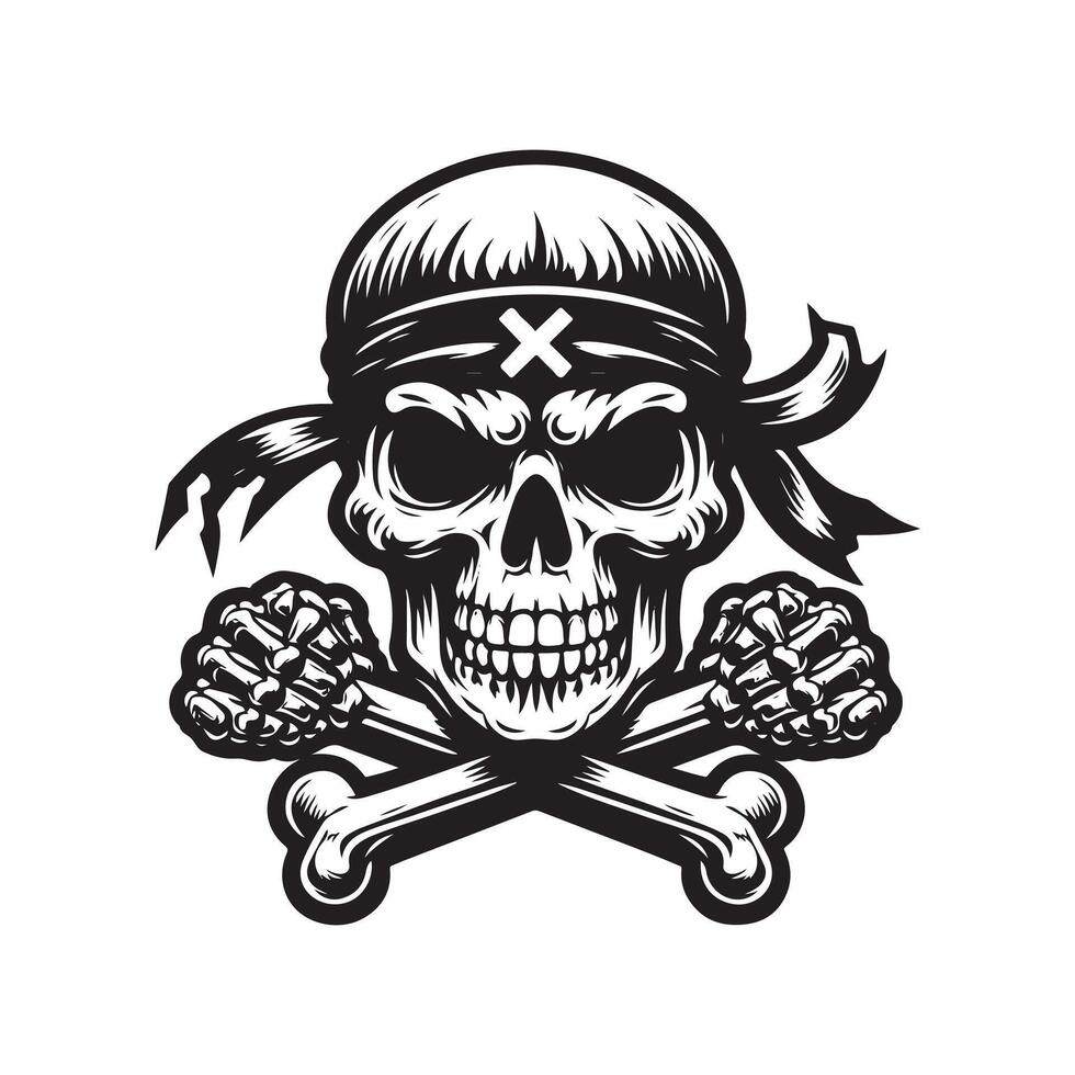 Pirate skull with crossed bones and bandana vector