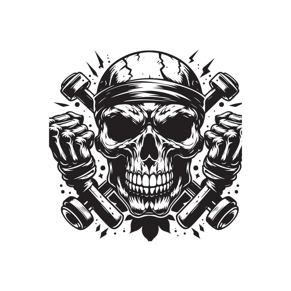Skull with wrenches in hand, black and white vector