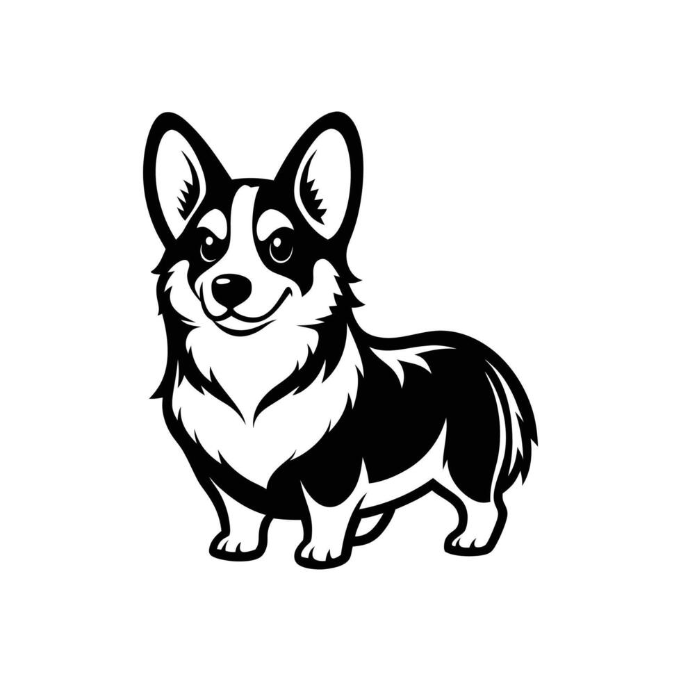 A black and white illustration of a corgi dog vector