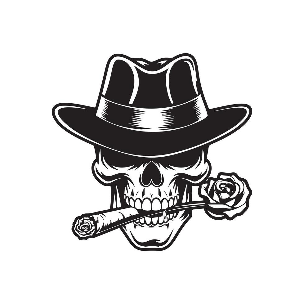 Skull with hat and cigar in black and white vector