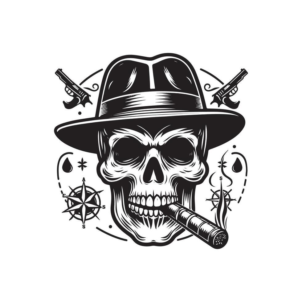 Skull in hat and smoking cigar vector