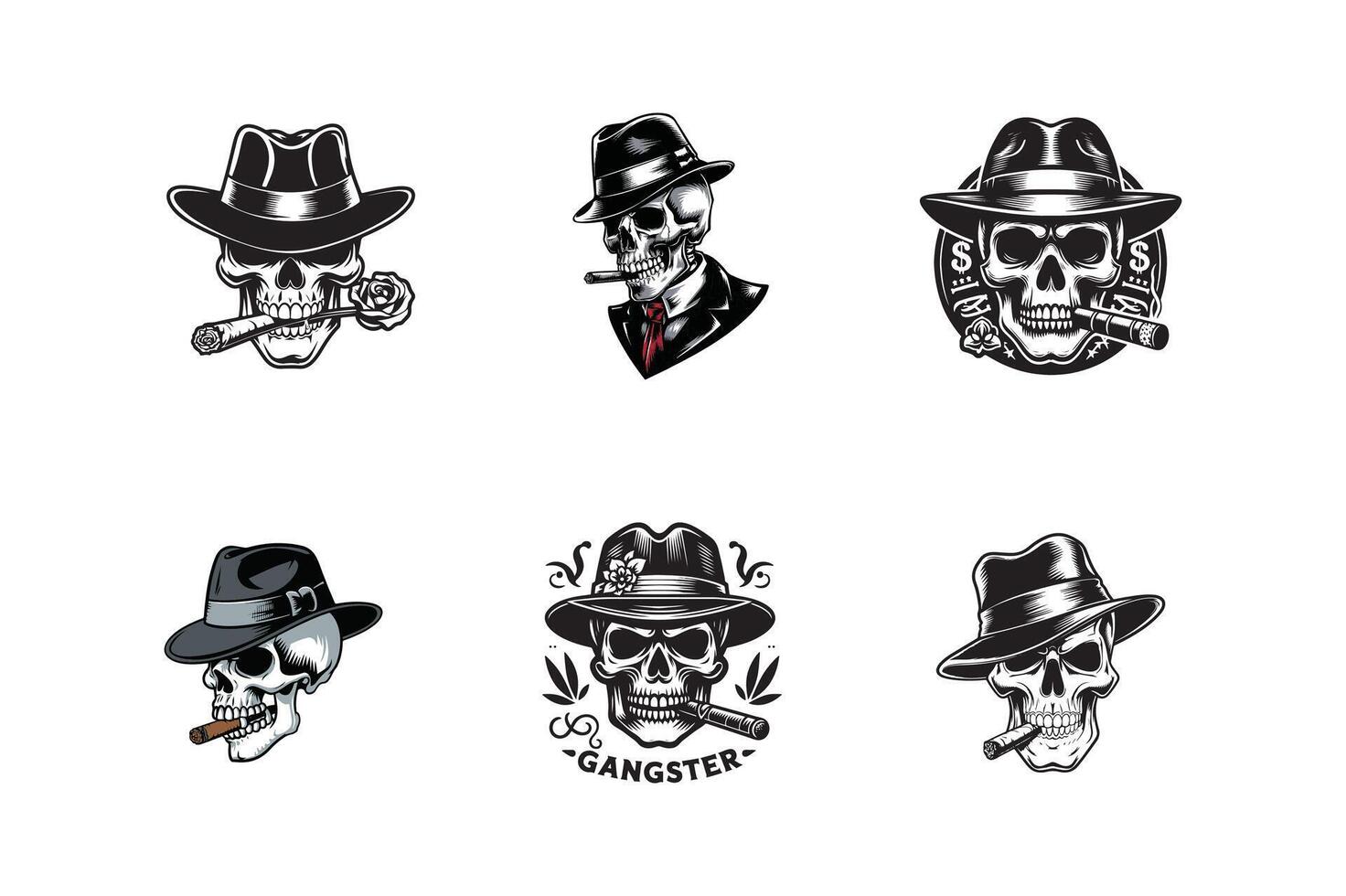 Skulls in hats and smoking cigarettes vector