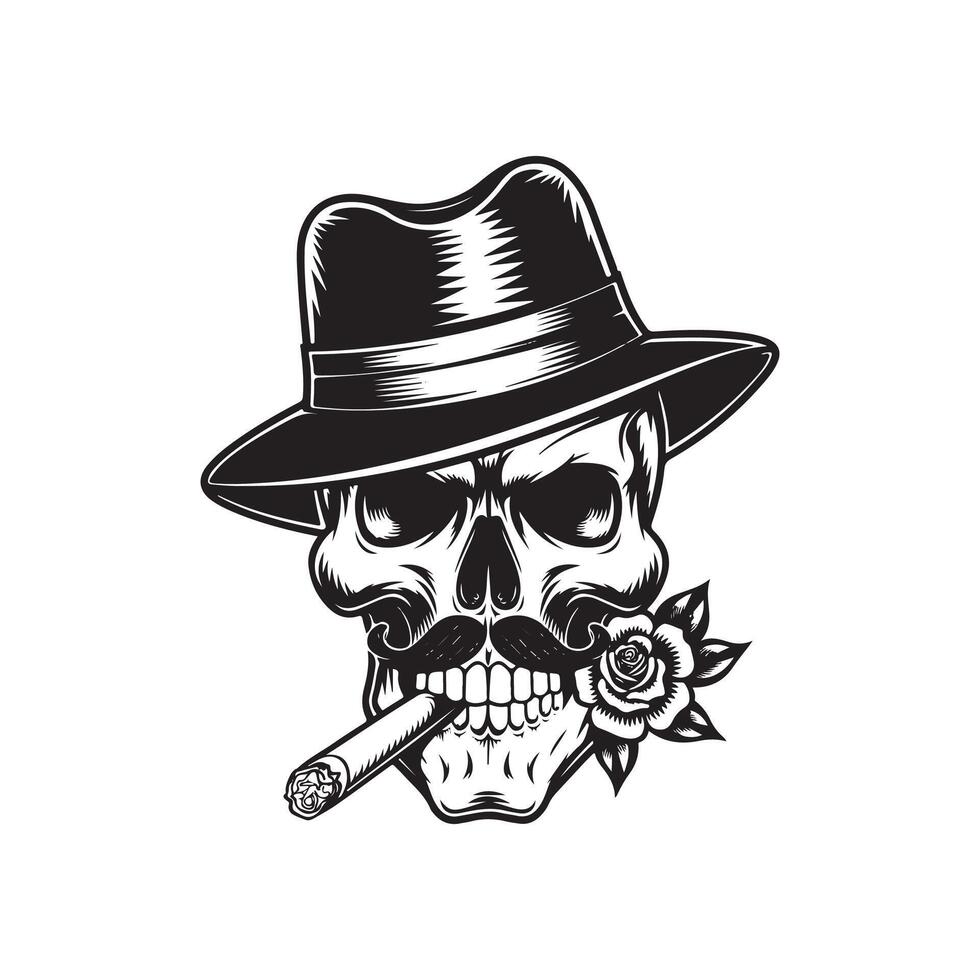 Skull with hat and cigar illustration vector