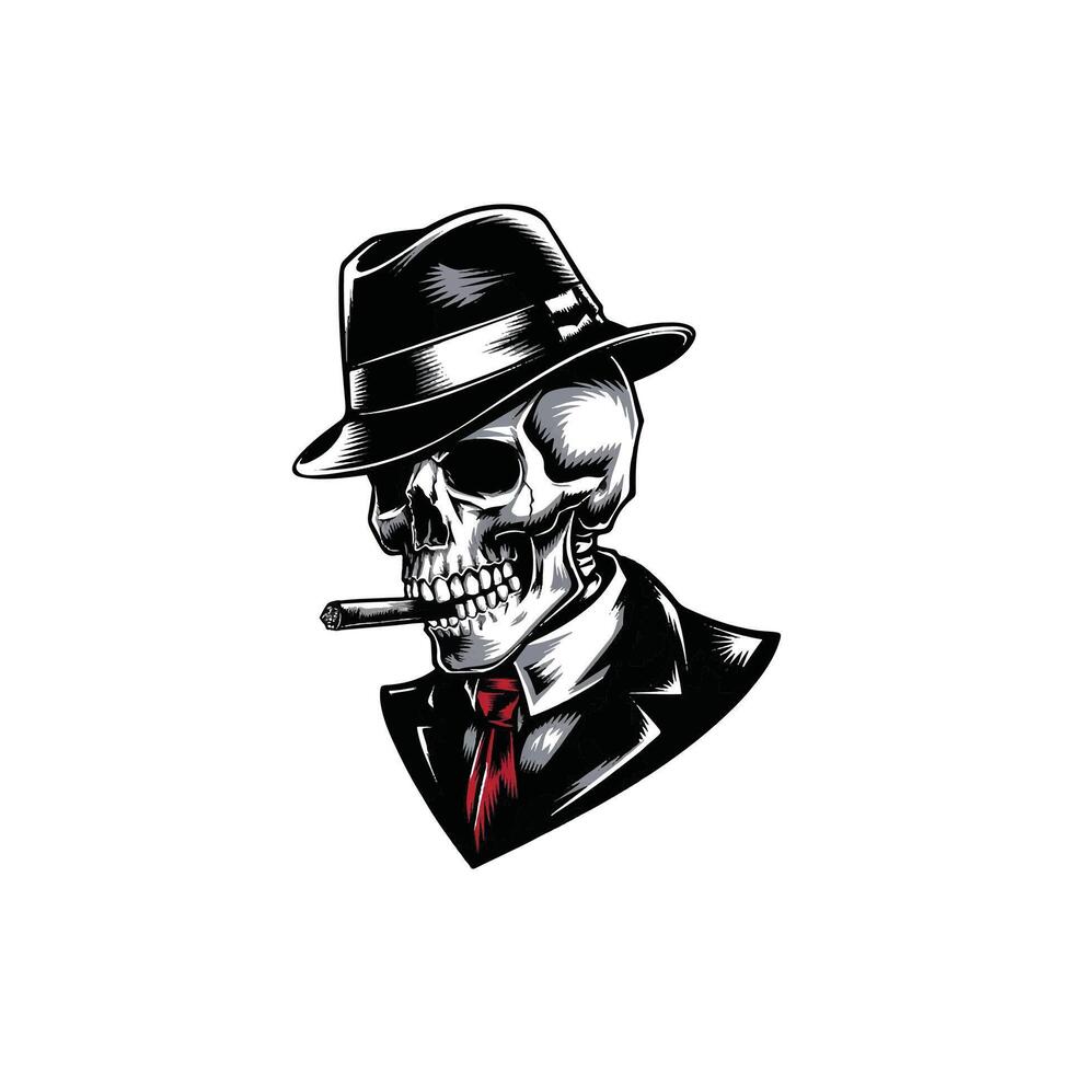 Skull in hat smoking cigar vector