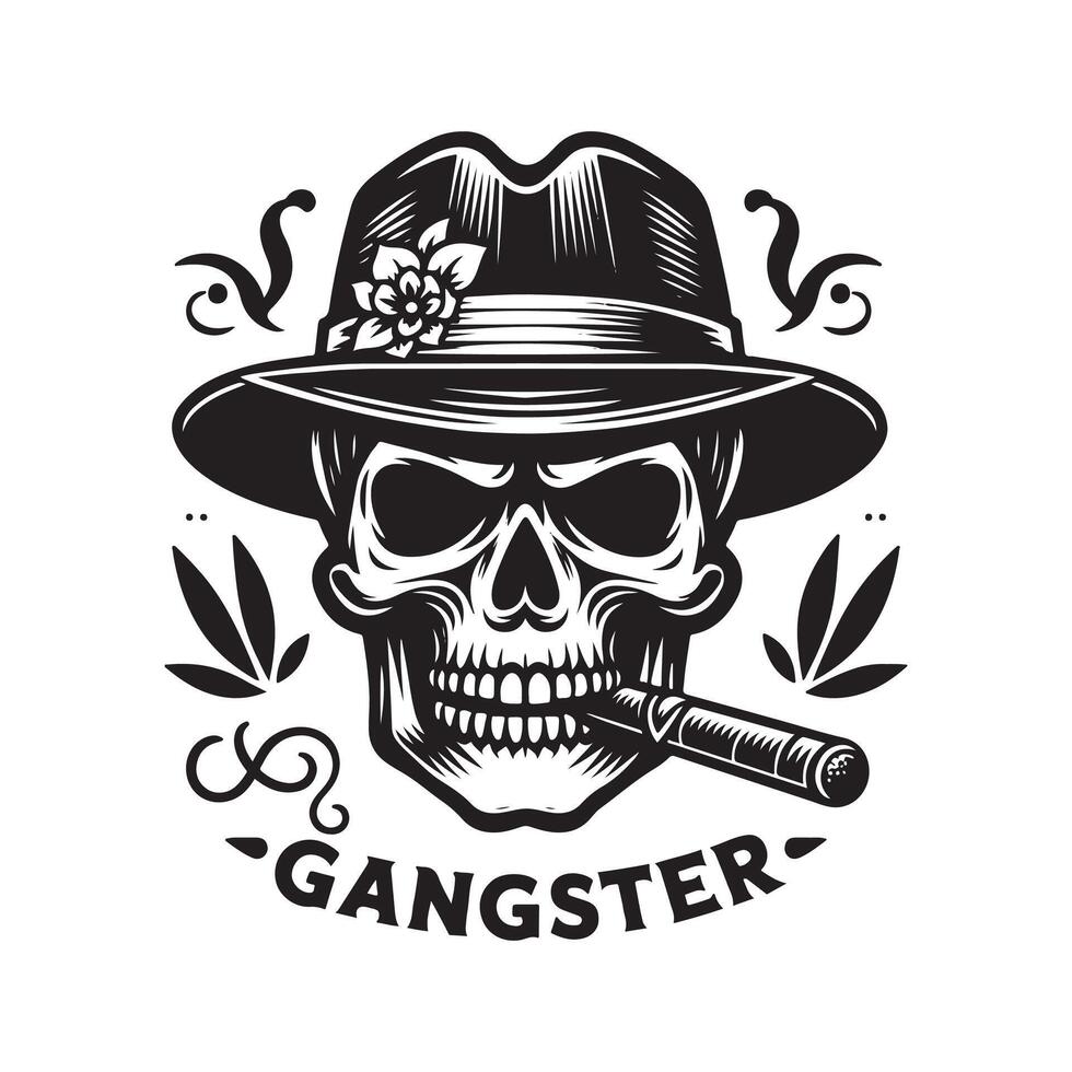 Skull with hat and cigar in gangster style vector