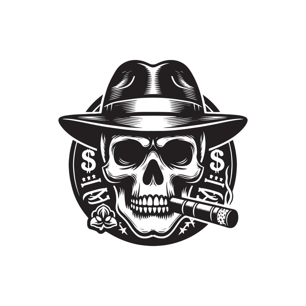 Skull with hat and cigar in black and white vector