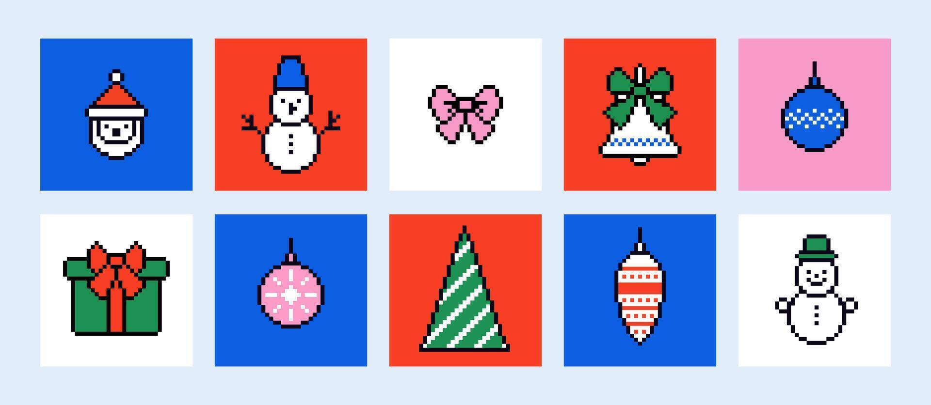 Set of Christmas icons of bow, snowman snowflake and ball. Pixel art illustration. vector