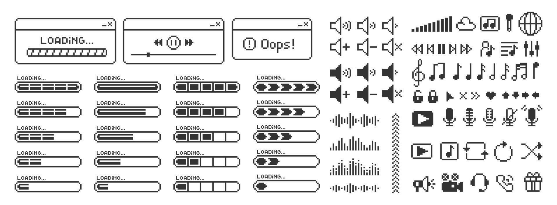 Set of music and icons, elements of computer interface and progress bar. Pixel art illustration. vector