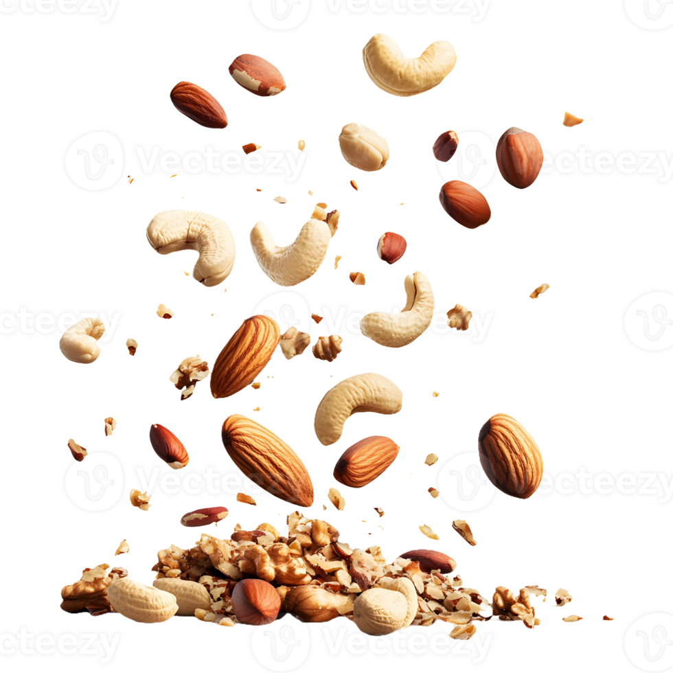 Pure Goodness A Variety of Nuts Falling Isolated on a Transparent Background for Health-Centric Banners png