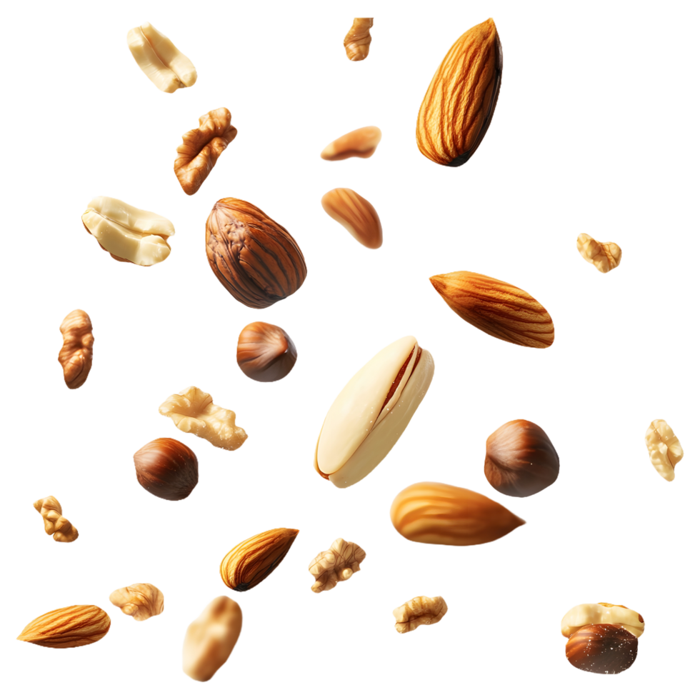 Organic Mix Various Nuts Falling Isolated for Vegan and Health Product Covers png
