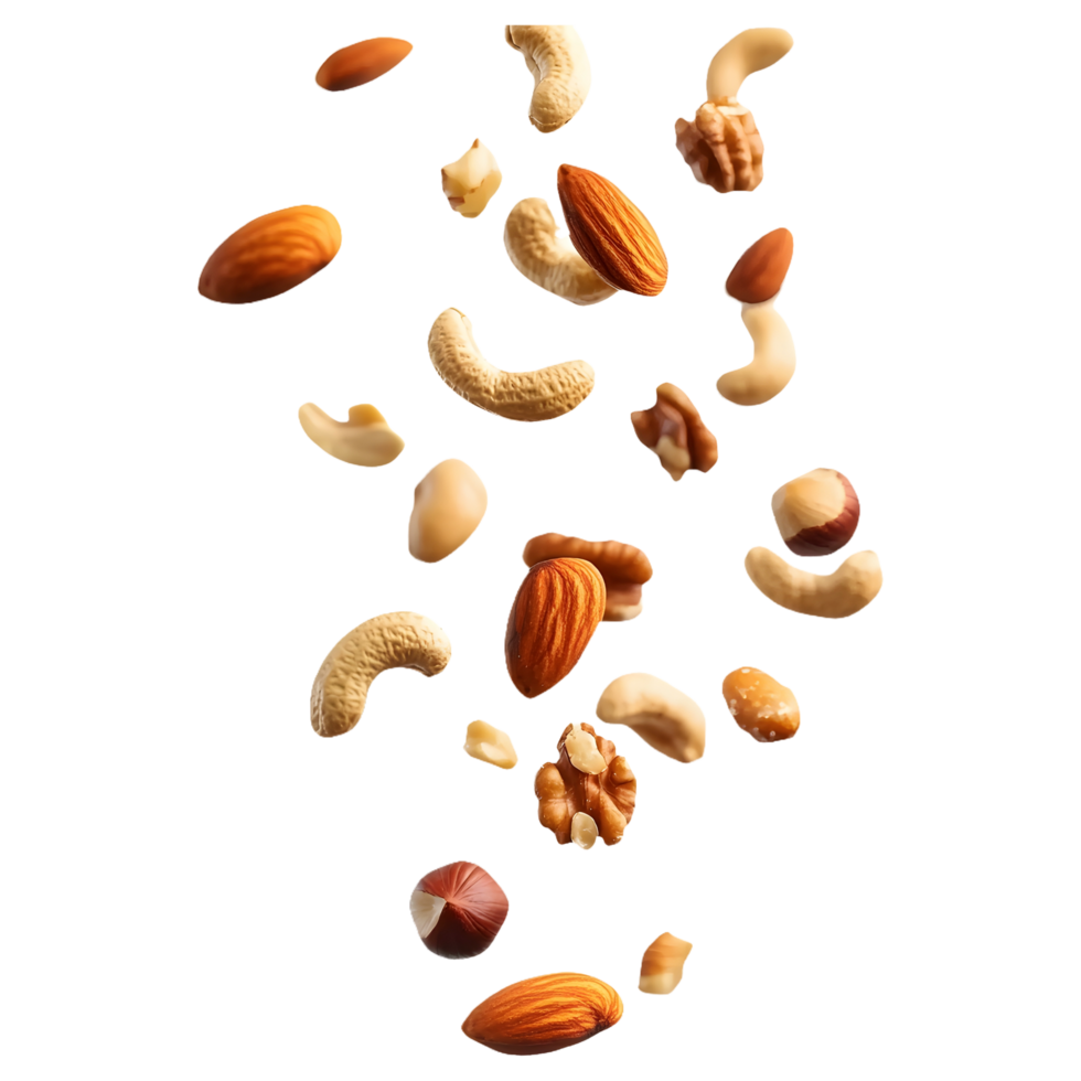 Vegan Power Mixed Nuts and Dried Fruits Falling Isolated on a Transparent Background for Product Posts png