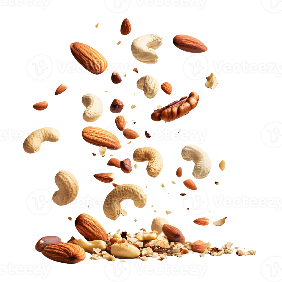 Plant-Based Perfection Various Nuts Falling in Motion for Vegan and Organic Posts png