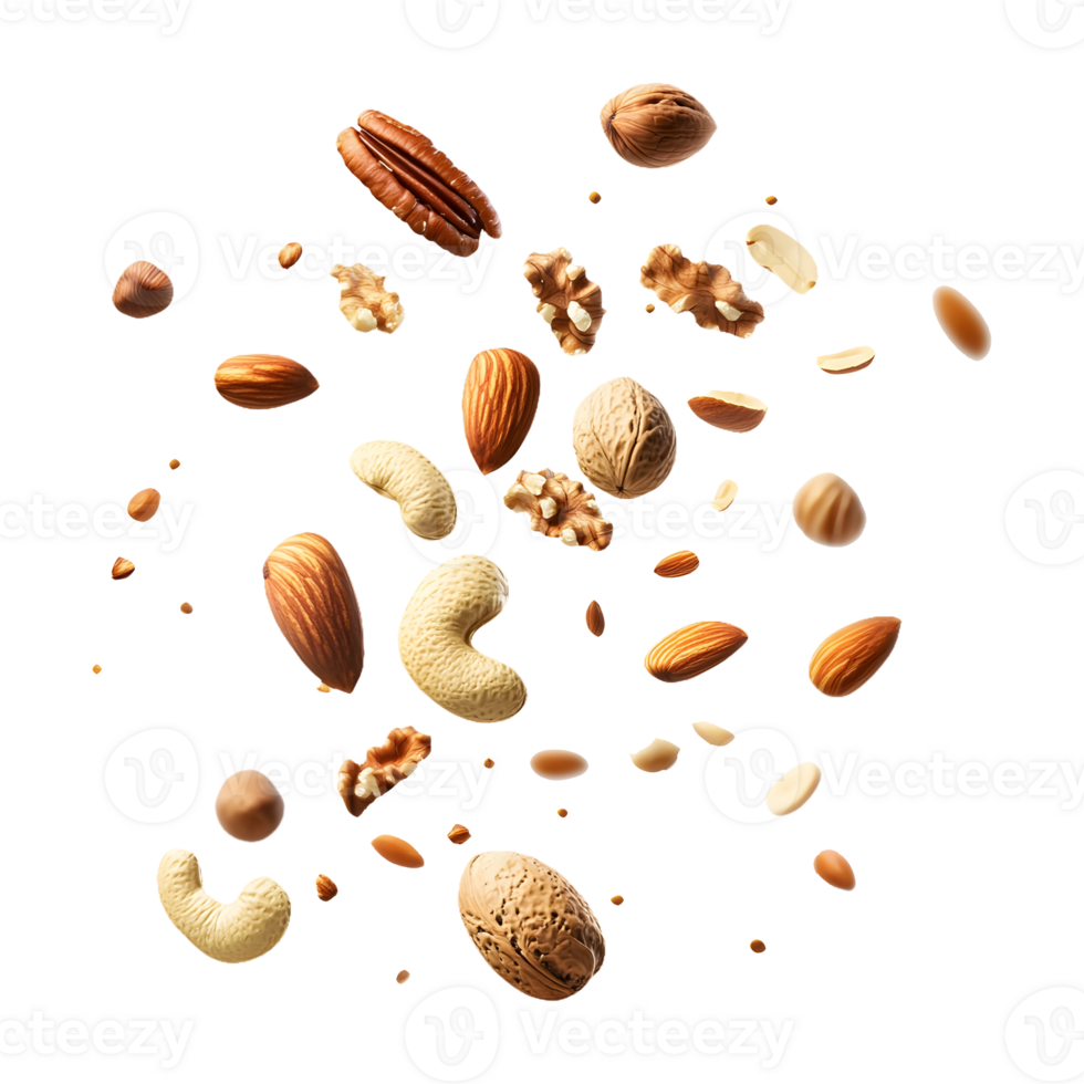 Organic Assortment Various Nuts Falling Isolated on a Transparent Background for Healthy Banners png