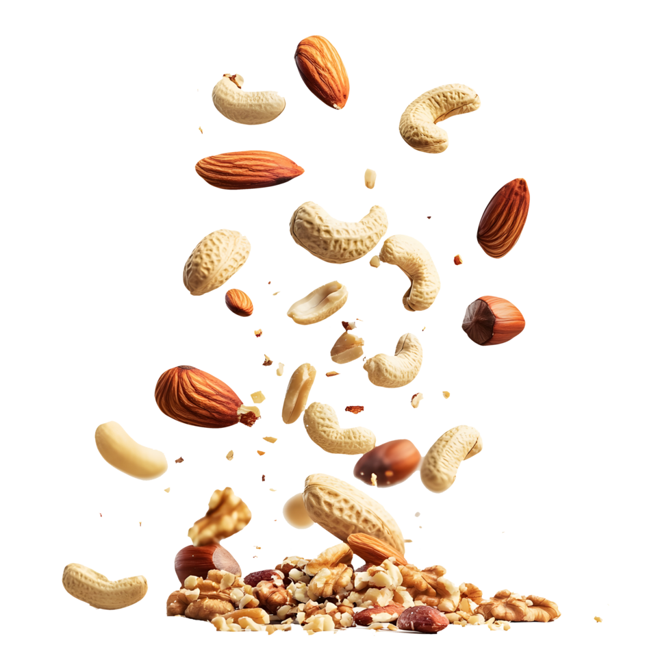 Healthy Crunch Various Organic Nuts Falling on a Transparent Background for Vegan Posts png