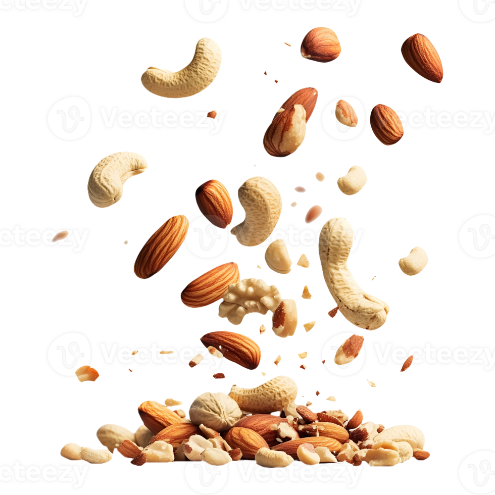 Plant-Based Snack Assorted Nuts and Raisins Falling Isolated for Organic Product Covers png