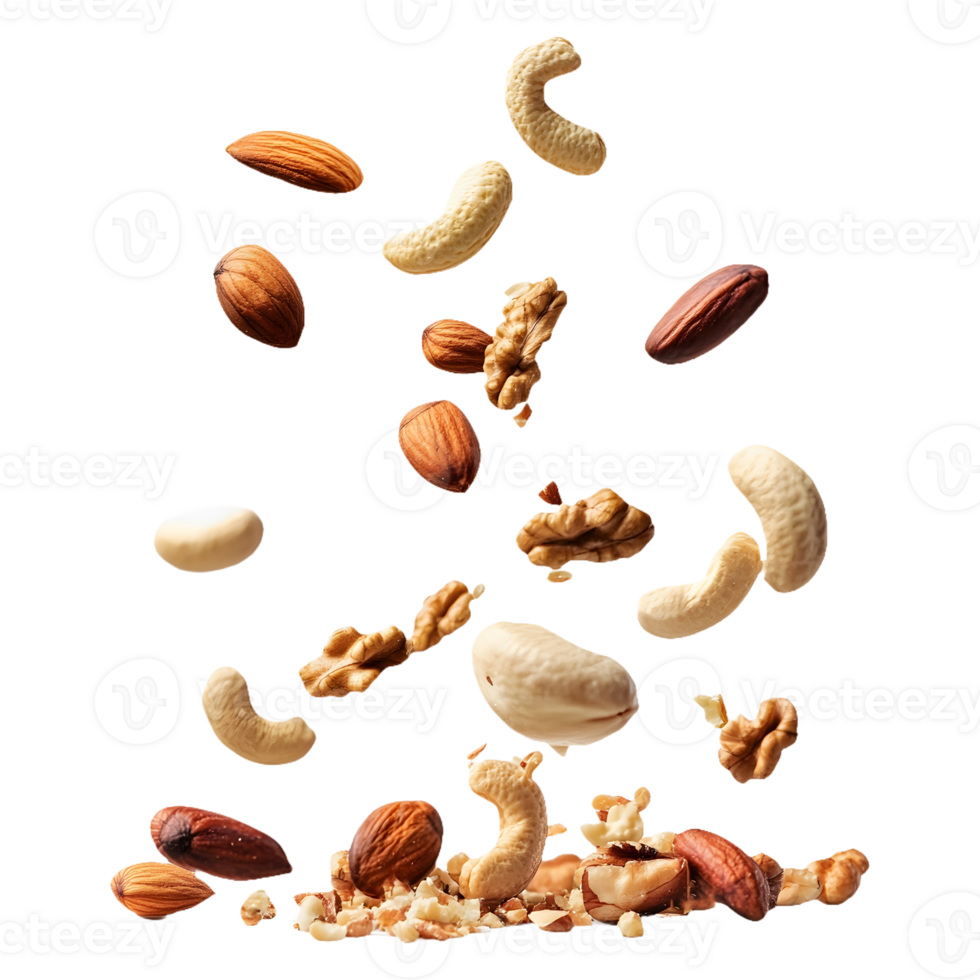 Nutritious and Vegan Mixed Nuts and Raisins Falling on a Transparent Background for Healthy Eating png