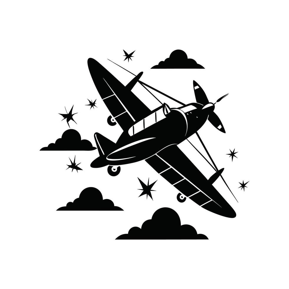 A black and white illustration of a plane flying through the sky vector