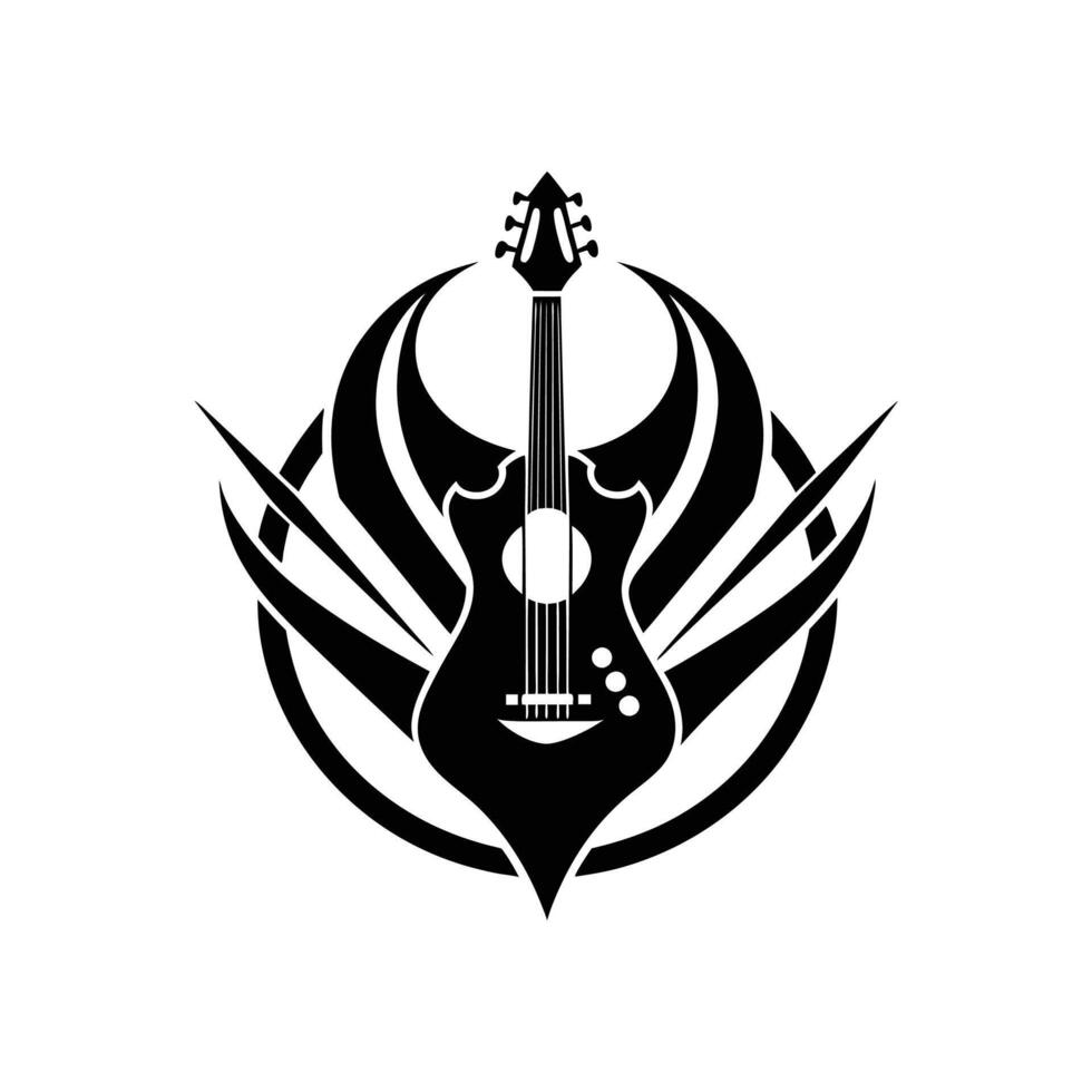 A black and white guitar logo with a tribal design vector