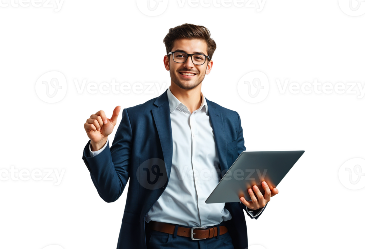 Smiling Businessman Holding Tablet and Pointing isolated on transparent background png