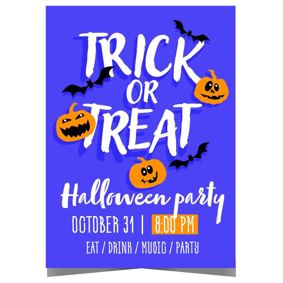 Trick or treat Halloween party invitation poster or banner with scary faced pumpkins and spooky flying bats. leaflet or flyer template to invite for celebration of All Saints' Day. vector