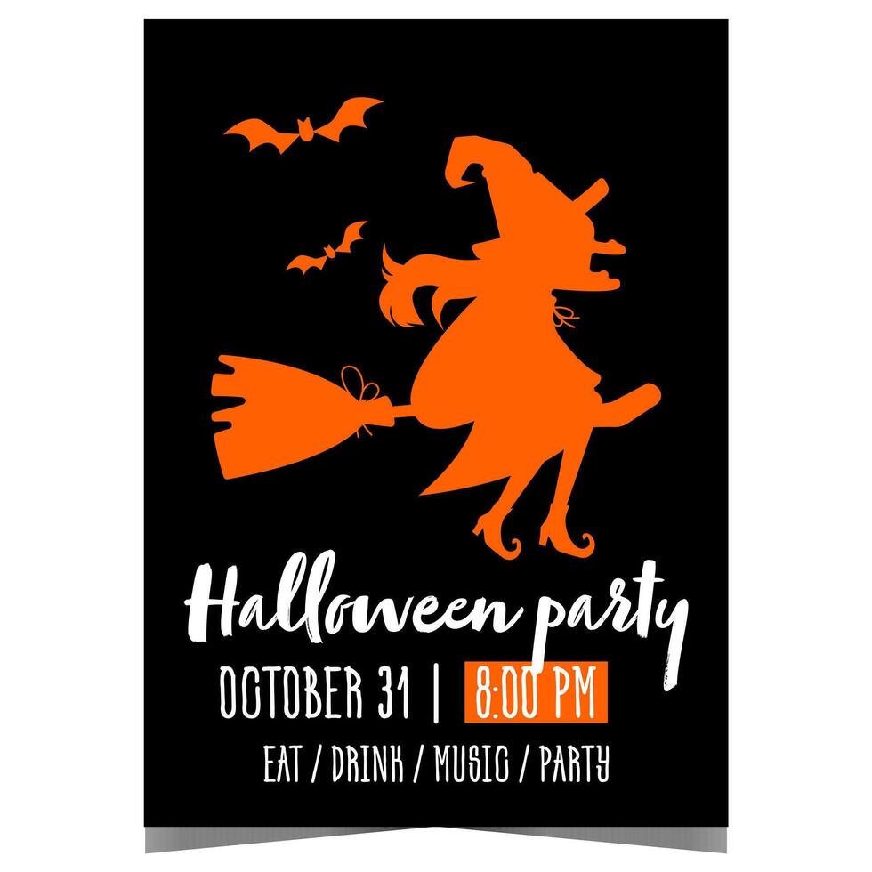Halloween party invitation with orange evil witch flying on her broom surrounded by bats on black background. poster or banner for All Saints' Eve celebration and Trick or Treat event. vector
