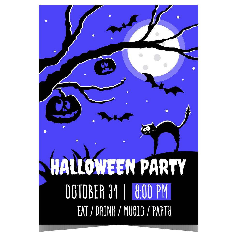 Halloween party banner, poster or flyer with terrible pumpkins, flying bats and a scared to death cat in midnight darkness under a full moon. Ready for web or to print design template. vector