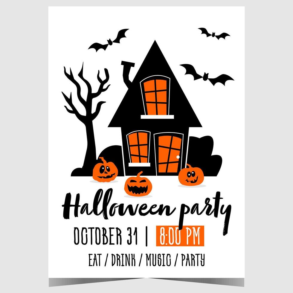 Halloween party banner with nightmare house, scary faced pumpkins and horrible bats. poster or leaflet to invite to celebrate the All Saints' Eve with fun and entertainment events. vector