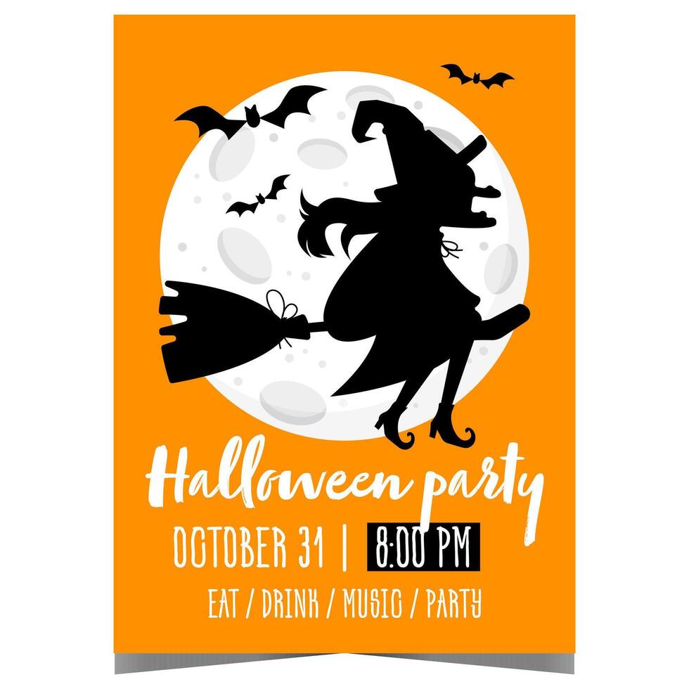 Halloween party poster or banner with witch flying on her broom and bats against the full moon. invitation for scary and horror event to celebrate the All Saints' Eve. vector