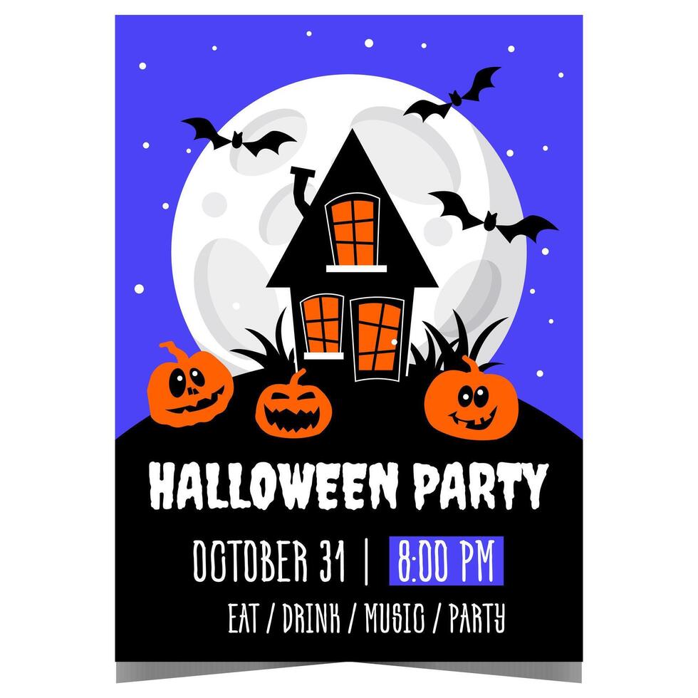 Halloween party invitation template with scary faced pumpkins, witch house and flying bats against a full moon in the midnight darkness. Ready for web or to print poster or banner. vector