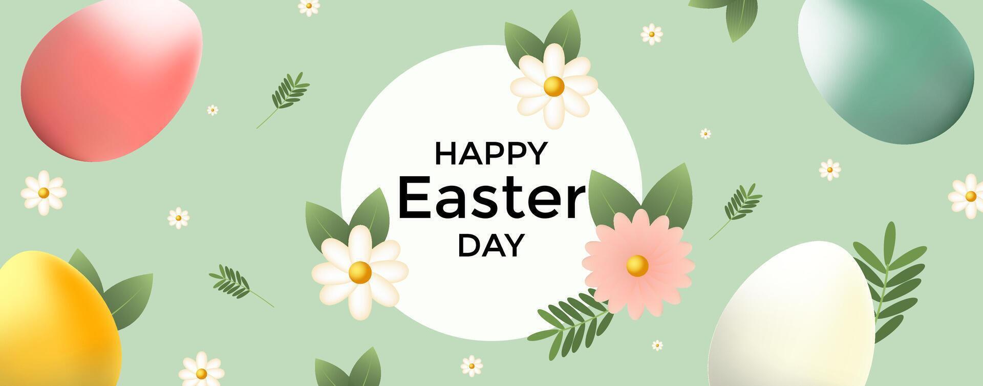 Happy Easter day banner with floral design and colorful eggs vector