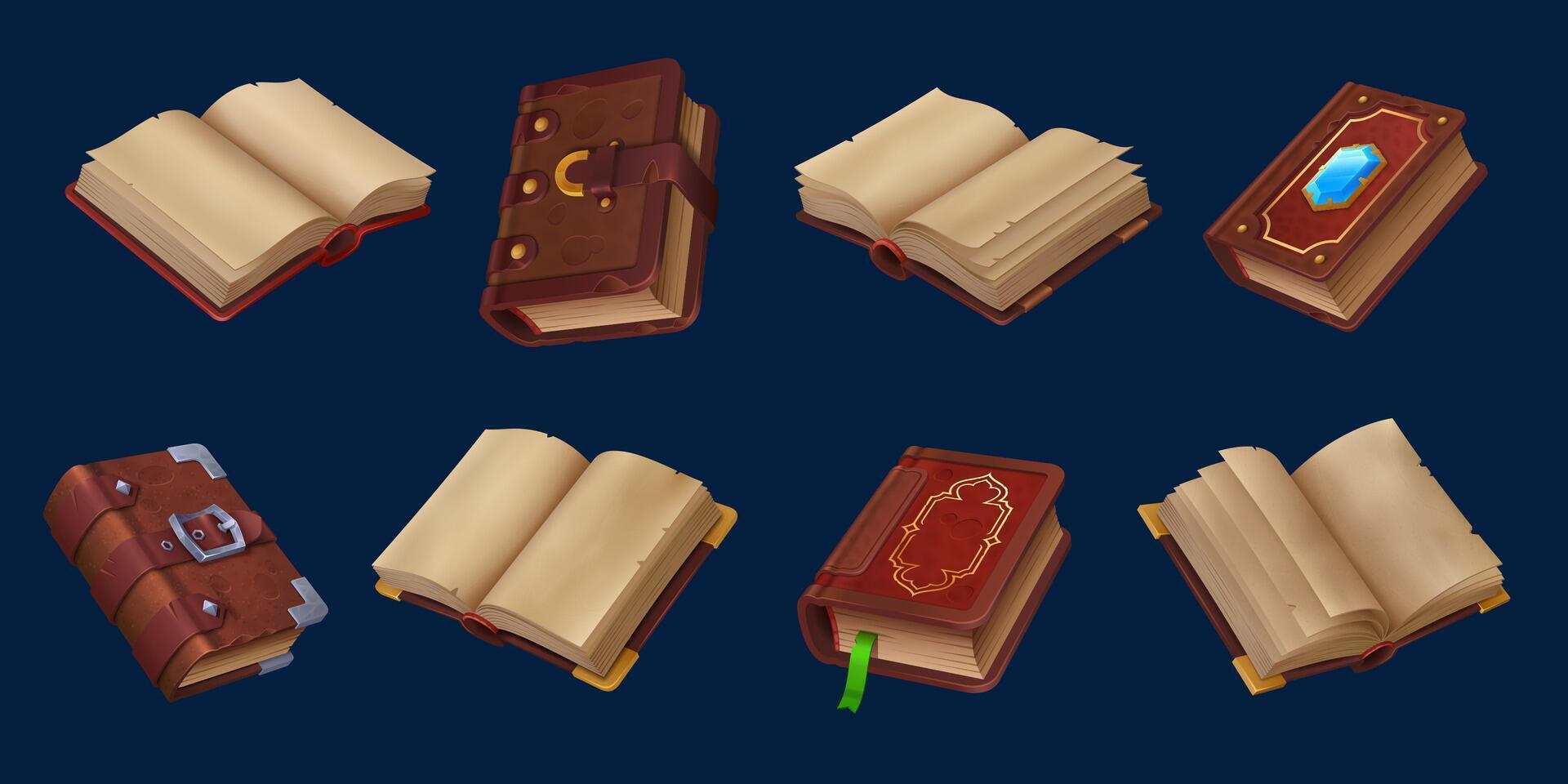 Ancient game book icons, fantasy magic manuscripts vector