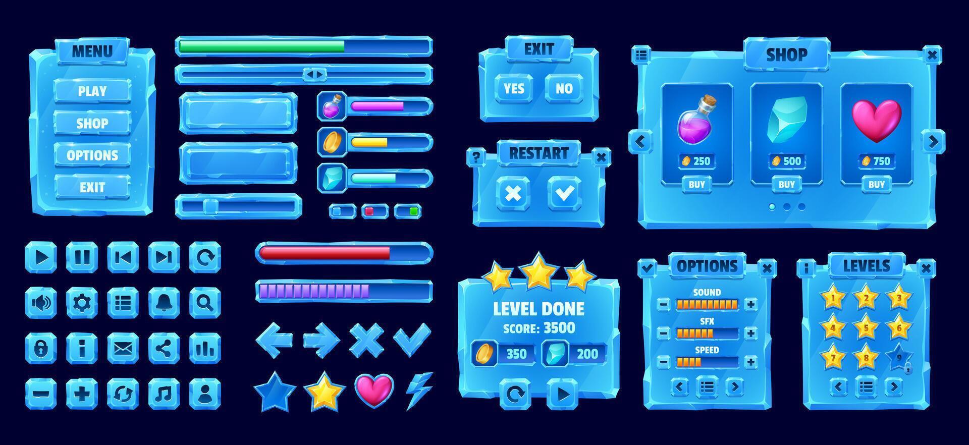 Ice crystal game interface and buttons, game asset vector