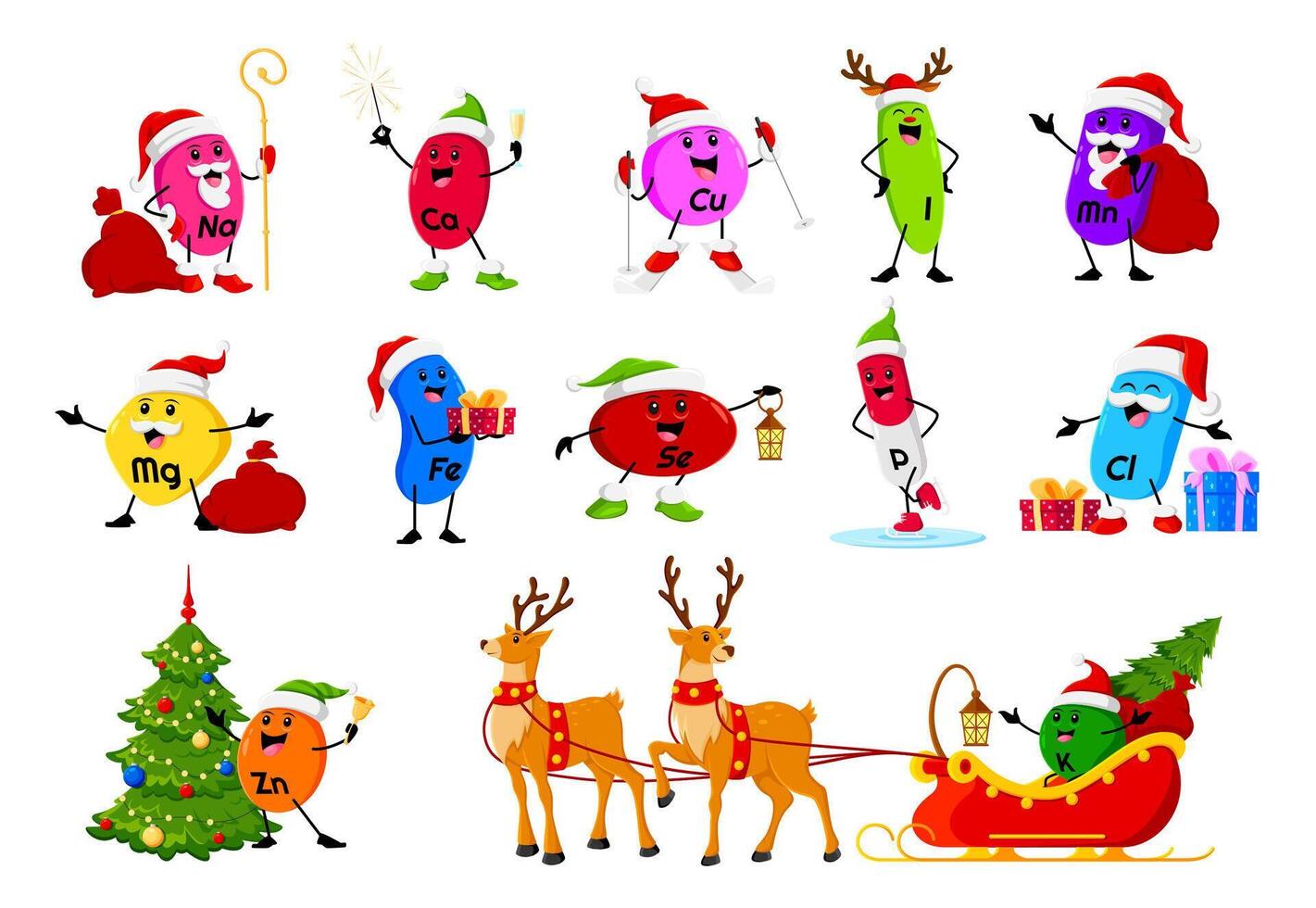 Cartoon Christmas micronutrients characters vector