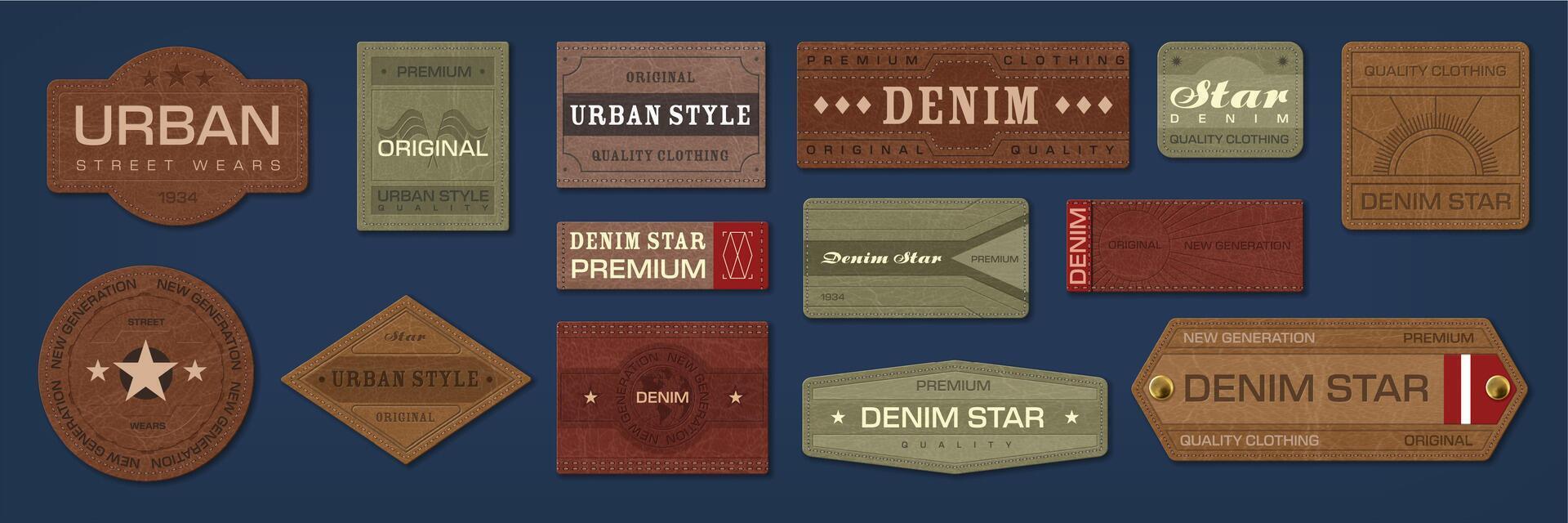 Denim jeans leather labels and patches set vector