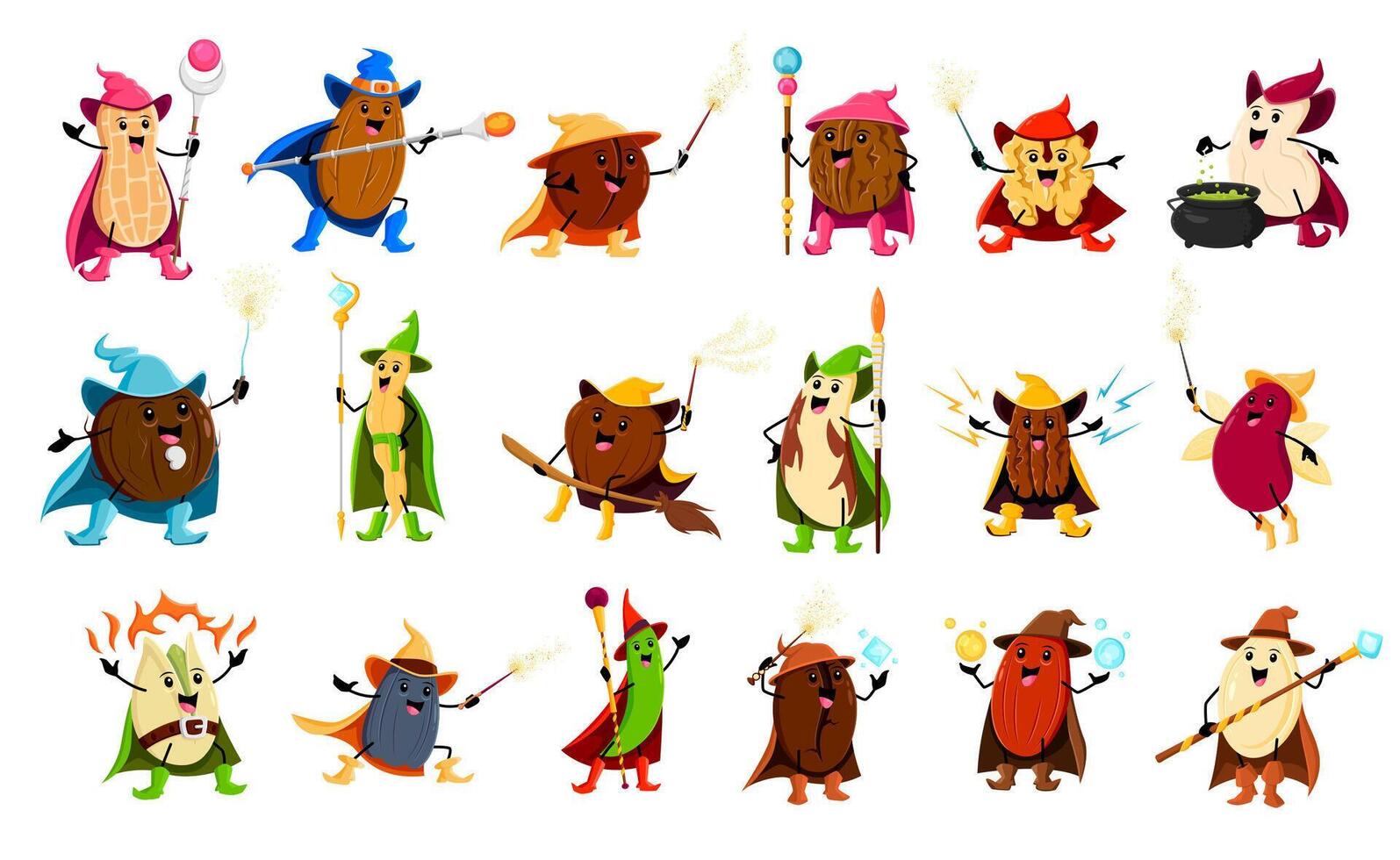 Cartoon nut, bean and legume wizard and sorcerer vector