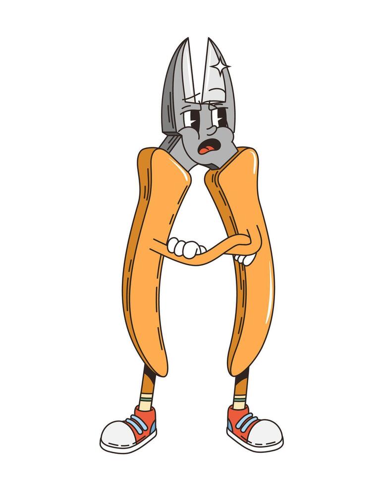 Retro groovy wire cutter tool, cartoon character vector