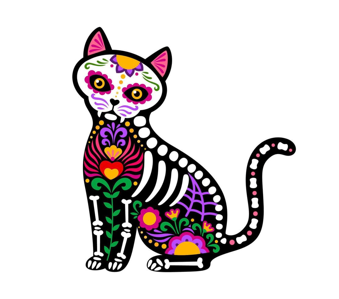 Day of the dead Mexican cat animal skeleton tattoo vector