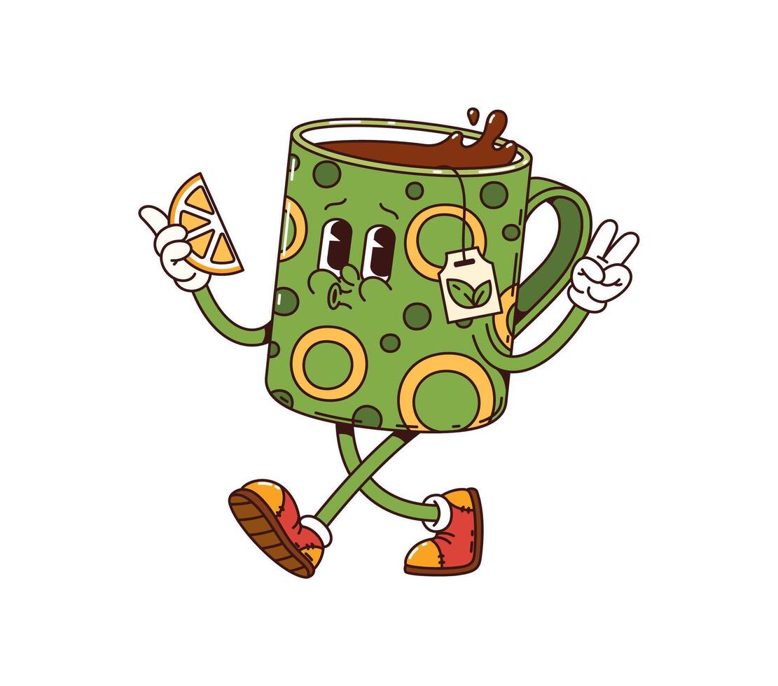Tea cup retro groovy breakfast cartoon character vector