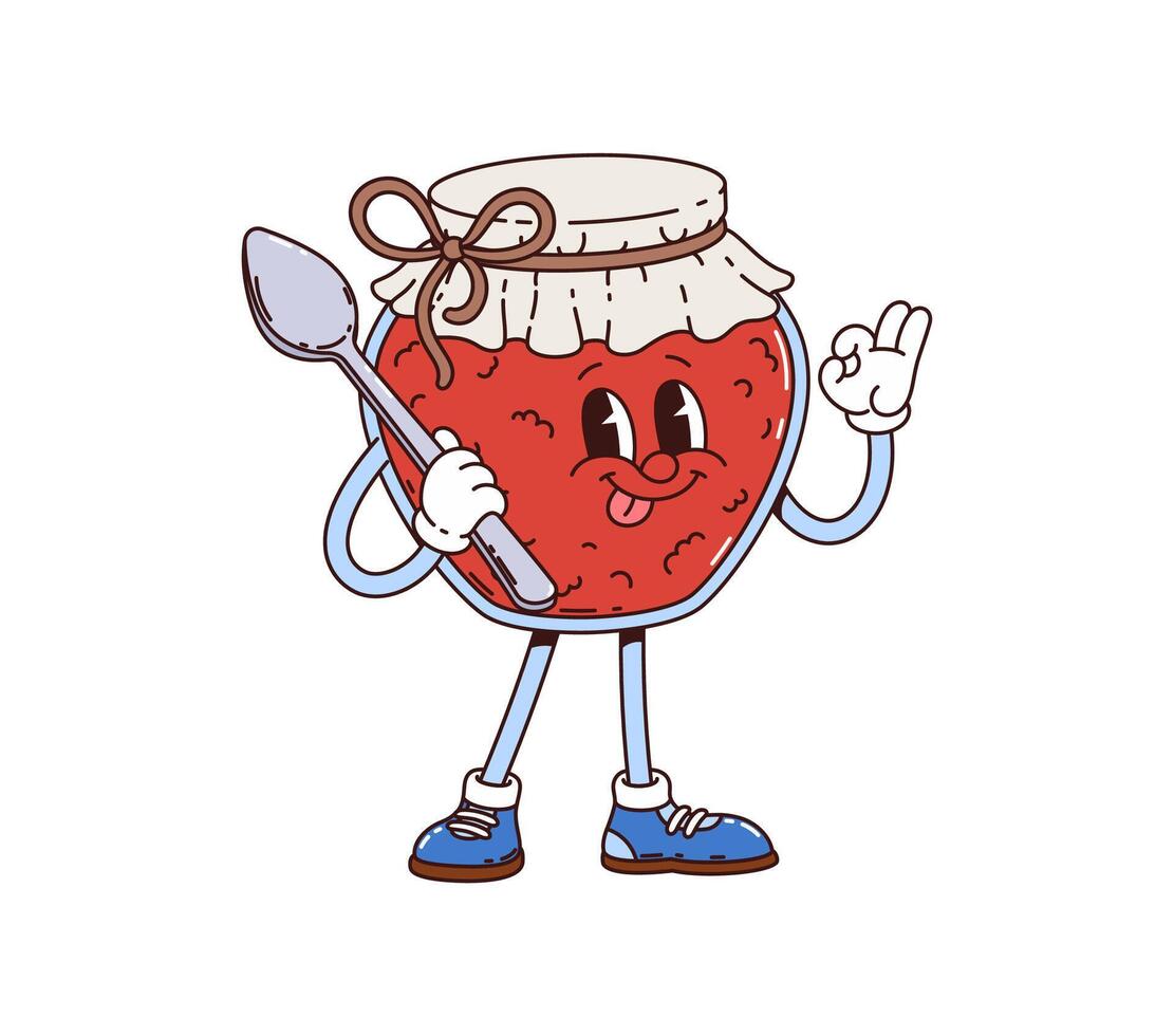 Jam jar retro groovy breakfast cartoon character vector